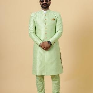 Stunning Pistachio Green Banarasi Brocade Achkan for Men | Father-Son Combo | Grooms & Weddings | Jaipurio